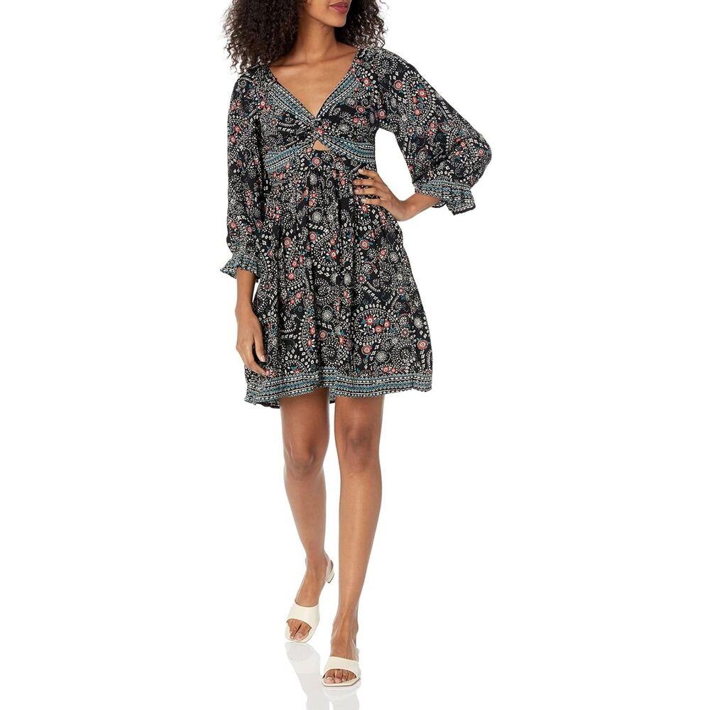 Angie Women's Long Sleeve Twist Front Keyhole Dress Boho Floral Size Medium